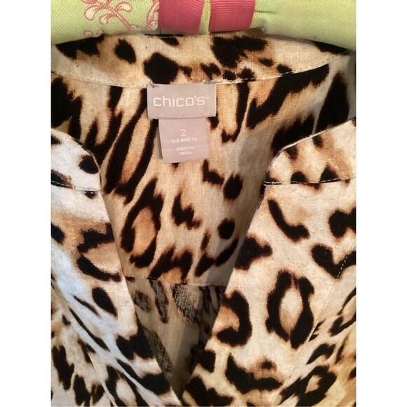 Chico’s 100% Linen Leopard Animal Print Shift Dress Sz 12 Pockets - Picture 4 of 9